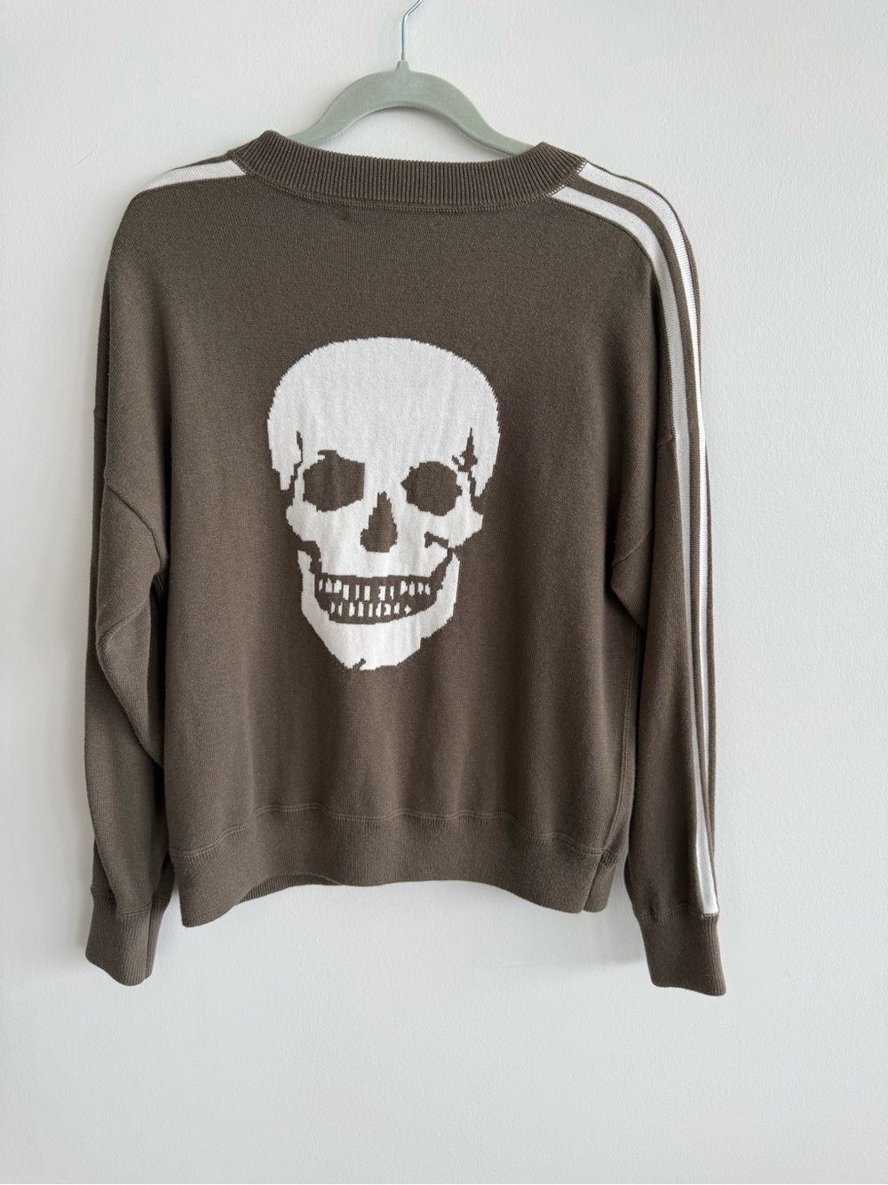 Skull Cashmere Olive Green Crewneck Sweater with White Skull